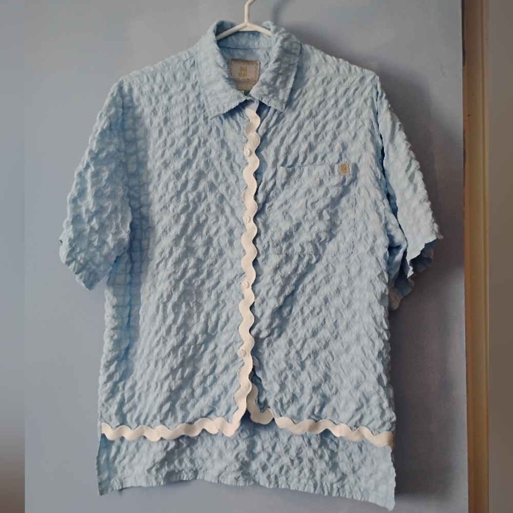 Simply Southern Light Blue Seersucker Rick Rack Trimmed Blouse S